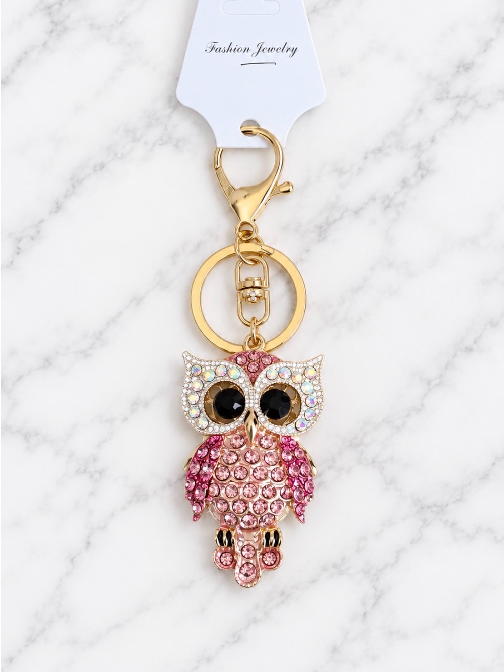 Bag Charm/Keyring-Pink Rhinestoned Owl Charm Black Accent Eyes- Gold Hardware